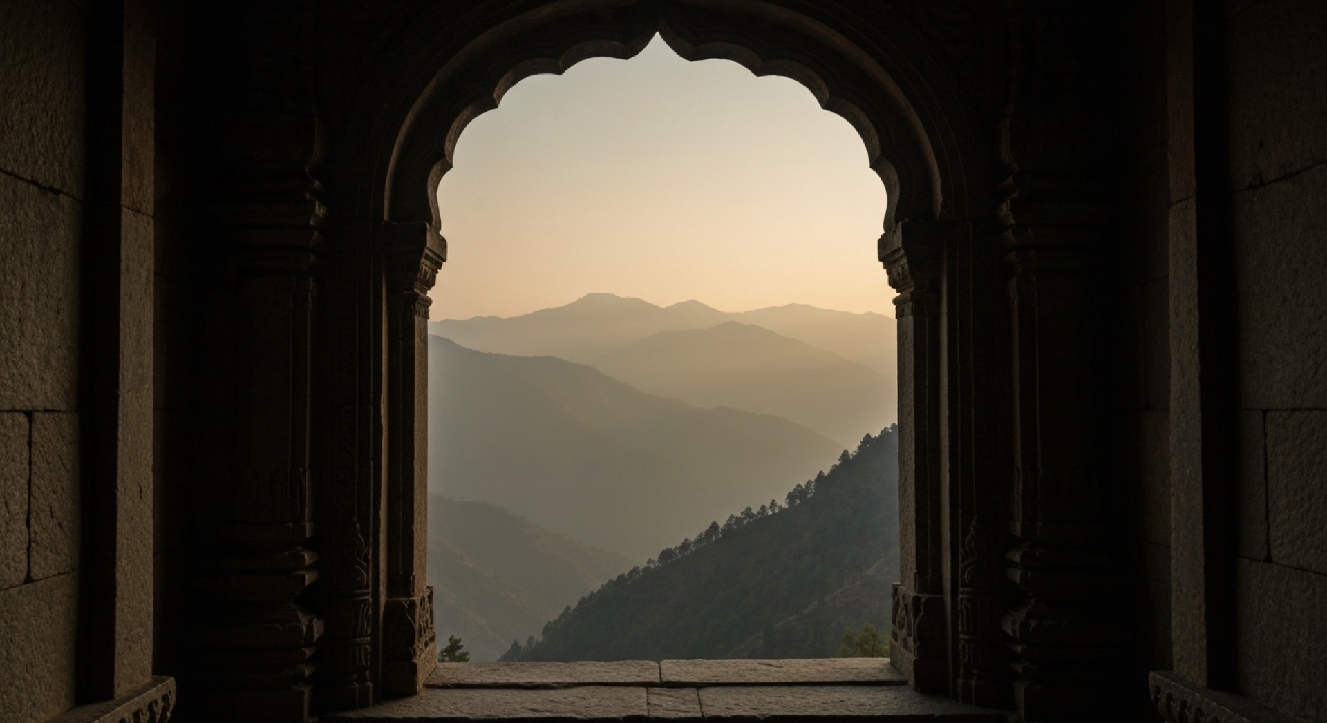 Himalayan peaks seen through ornate carved stone archway — immersive cinema portal at golden hour